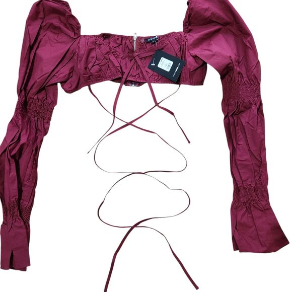 Fashion Nova Crop Top Size Large Drawstring Wine Color Back Zip Longsleeve - Picture 1 of 8